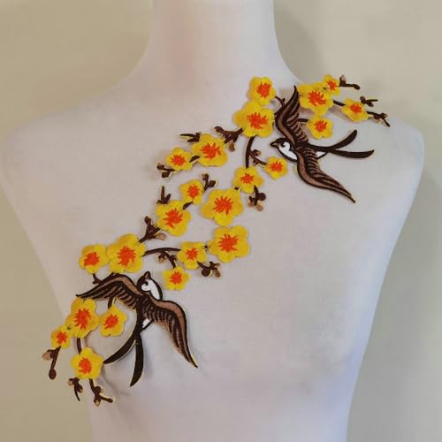 1pair Quince Sakura Flower Embroidery Iron On Applique Patches (Yellow) - color: Yellow