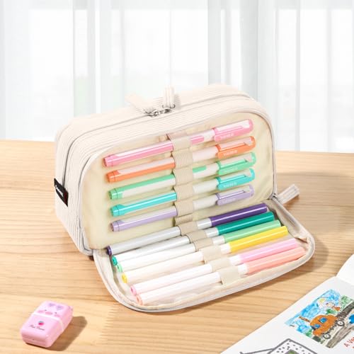 Sooez Big Capacity Pencil Case Pen Pouch, Soft Corduroy Pencil Bag - color: Beige