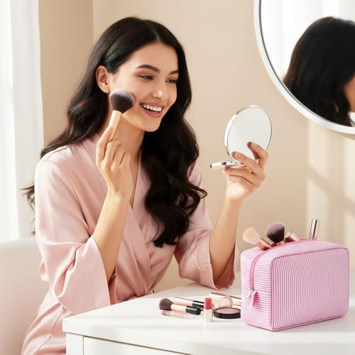 Sanwuta 3 Pcs Seersucker Makeup Bags, Pink, Light Blue, Purple - color: Pink, Light Blue, Purple