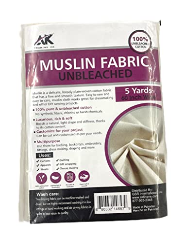 AK TRADING CO. 60" Wide Natural Muslin, 100% Cotton Fabric, Unbleached-5 Yards - size: 5 YARDS