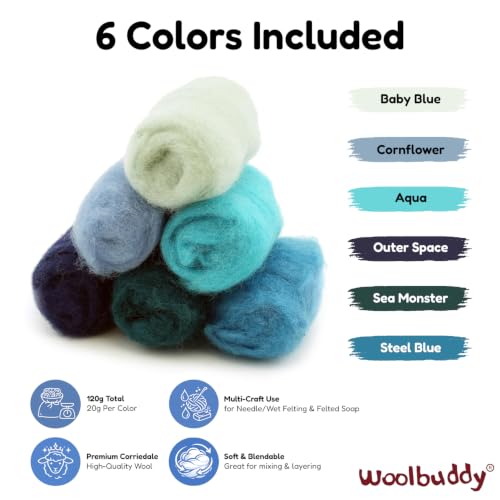 Woolbuddy Corriedale Wool Roving Kit for Needle Felting (Blue) 20g Each - color: Blue