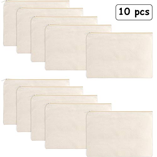Gejoy 10 Pack Blank Canvas Cosmetic Bags Zipper Pouch DIY,M,Beige - color: Beige, size: Medium