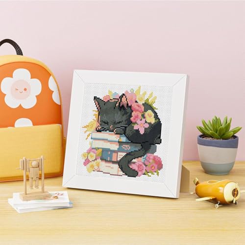 Black Cat Stamped Cross Stitch Kits for Adult Beginner with Wooden Frame - color: Black Cat Flowers