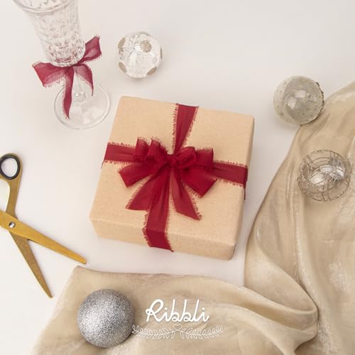 Ribbli Dark Red Ribbon 1 Inch x 3 Rolls Total 24 Yards Handmade Fringe Chiffon Silk Ribbon for Wrapping Wedding Invitations Bridal Bouquets DIY Crafts Home Decor - color: Dark Red