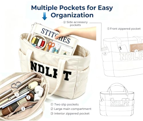 Needlepoint (NDLPT) Tote Bag & Clear Stitching Zipper Pouch Set (Beige) - color: Beige