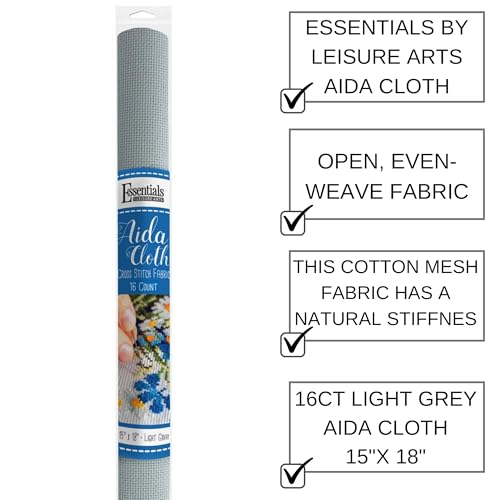 Essentials By Leisure Arts Aida Cloth, 16 Count, Light Gray, Cross Stitch Fabric, Embroidery Fabric, Cross Stitch Supplies for Crafting, Stitching, and Sewing Projects 15X18 - color: Light Gray