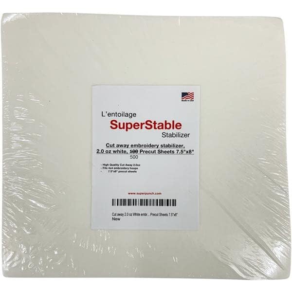 Superpunch Cutaway Embroidery Stabilizer, 2.0 oz, White, 500 Sheets - size: 7.5" x 8", 500 Precut Sheets