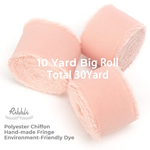 Ribbli Blush Pink Chiffon Ribbon - 1-1/2 inch x 30 Yard Handmade Fringe, Perfect for Wedding Invitations, Bridal Bouquets & Flower Arrangements - color: Blush Pink