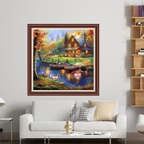 Dimensean Counted Cross Stitch Kit for Beginners, 11CT Unprinted Cross-Stitch Kit Easy Patterns Needlepoint Kit Cross Stitching Embroidery Kit Supplies-Beautiful Home of Sunset Glow 18x18 inch - color: DIYColor22