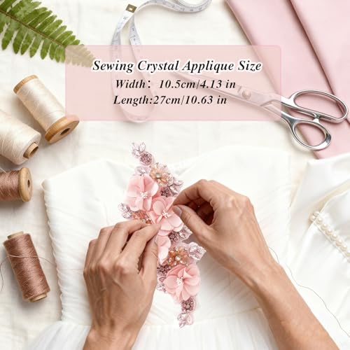 Handmade 3D Flower Embroidery Applique Rhinestone Lace Patches, Pink, 1 PC - color: Pink