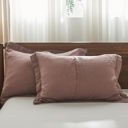 Simple&Opulence 100% French Linen Pillowcases with Embroidery – Pack of 2, Washed Solid Color Natural Flax, Soft & Breathable - Purple, 20'' x 26'' - color: Purple, size: Queen