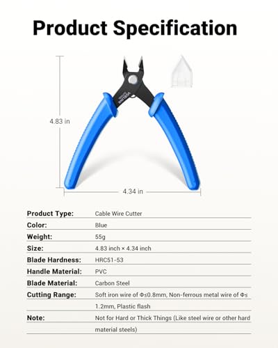 VCELINK Small Wire Cutter Spring-loaded GJ706BL, Precision Flush Cutter Pliers Diagonal Cutters for Electronics, Jewelry Making, Model Craft and 3D Printer, 5-Inch