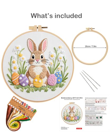 ELTONGUU Embroidery Kit for Beginners Adult, Rabbit Pattern Embroidery Kit Easter Themed Include Embroidery Cloth Hoops Threads, Cross Stitch Kits for Craft Lover Hand Stitch - color: Rabbit