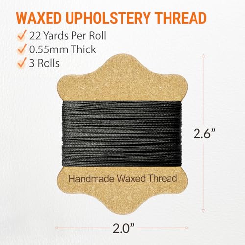 VONEEDL Upholstery Repair Kit: Waxed Sewing Thread (3 Rolls - Black Color) & Heavy Duty Needles (11 PCS) for Leather, Canvas & Quilting Thread - color: Black 3