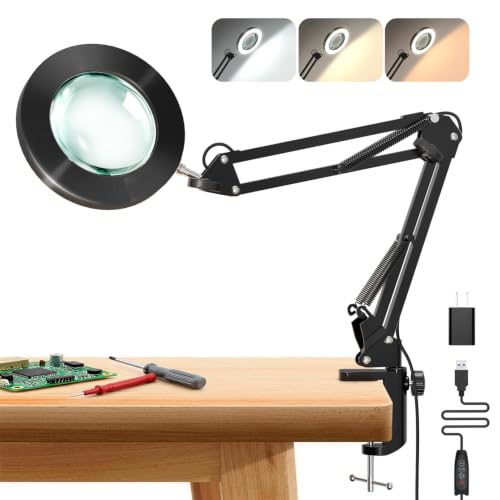 10X Magnifying Glass with Light and Clamp, ZAPLIT 4.3” Real Glass Lens Magnifier Desk Lamp, Metal Swing Arm LED Ring Light with 3 Color Modes & 10 Brightness Levels for Crafts Painting Nail Art Repair - style: Lamp with Clamp
