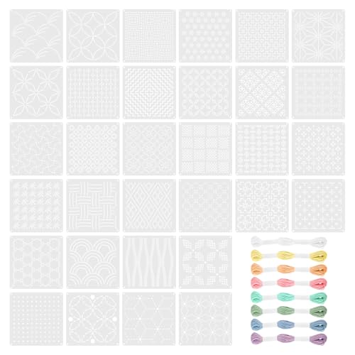 32 Pcs Sashiko Geometric Stencils Kit, 5.1"×5.1" Reusable Plastic