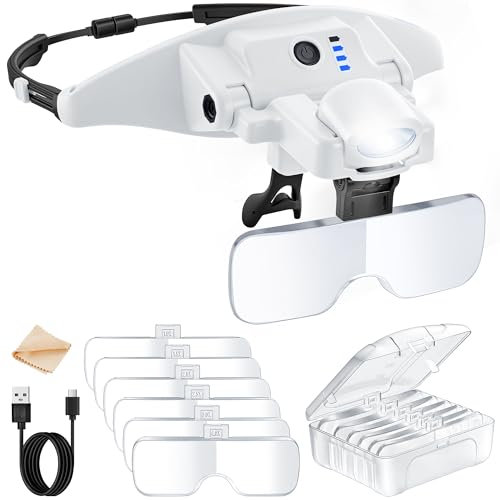 JARLINK Magnifying Glasses with Light, 6 Lenses, Rechargeable Headband - color: White