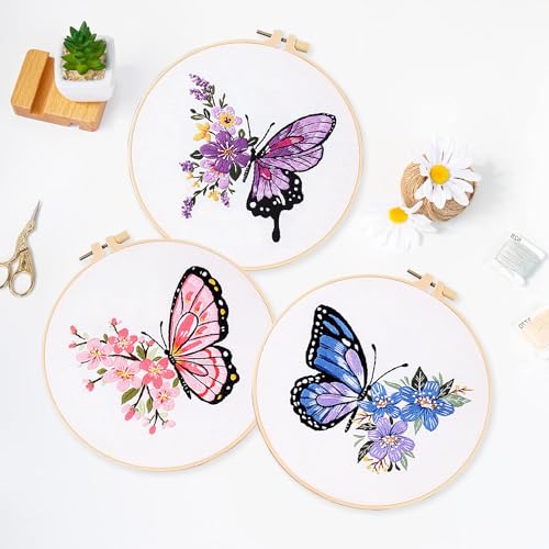 LB Butterfly Embroidery Kit for Beginners Adults, 3 Sets Hand Embroidery Starter Kit with Flower Pattern and Instructions Stamped Cross Stitch Kits Include Embroidery Hoop Needles Threads Scissors - color: Purple
