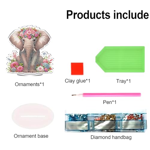 POETRYDRAW DIY Diamond Art Ornament Desktop Kit Elephant, Stand Up Acrylic Diamonds Painting Ornament for Adults, 5D Special Diamond Gem Craft Tabletop Placement Board Kit - color: Elephant Flower