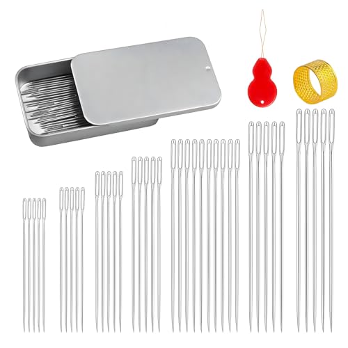 Uloryce 40 Pcs Large Eye Hand Sewing Needles Kit - Stainless Steel for Effortless Threading (7 Sizes, Threader & Thimble) for Embroidery, Quilting, Crafts, Repair, Cross Stitch