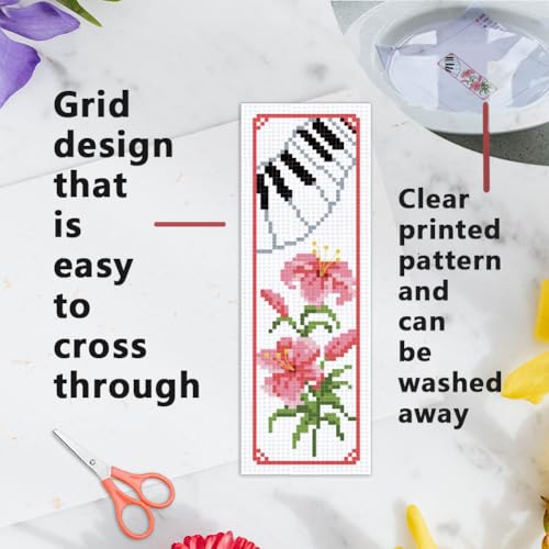 INFUNLY 6pcs Flower Music Cross Stitch Bookmark Kit for Beginners DIY Lily Tulip Roses Daisy Stamped Embroidery Bookmark Kits Piano Note Record Needlepoint Kit with Instruction for Book Lovers Readers - style: Flower Music