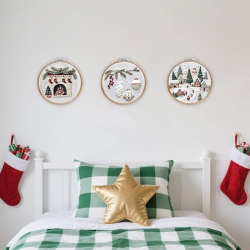 EOBTAIN 3 Pcs Christmas Embroidery Kit for Beginners,Winter Christmas Village Embroidery Starter Kit Green Xmas Tree Fireplace Stamped Patterns with Hoop,Thread,Needles,Hand DIY Craft Kits for Adults - color: White