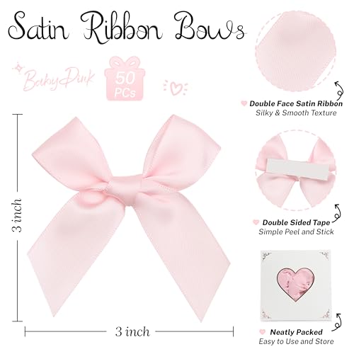 Self Adhesive Baby Pink Satin Ribbon Bows for Crafts 3", 50 Pack - color: Baby Pink