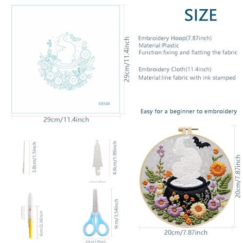Zhenqing 4-Piece Halloween Embroidery Kit for Beginners - Spooky Ghost, Witch Hat, Black Cat & Cauldron Designs with Pre-Printed 29x29cm Cotton Fabric, Hoop, Threads & Tools(C0165) - style: C0165