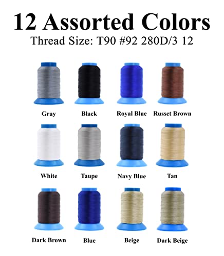 Mandala Crafts Size 92 280D T90 12 Neutral Bonded Nylon Thread, 2400 YDs - color: 12 Neutral Colors, size: T90 #92 280D/3 2400 Yards