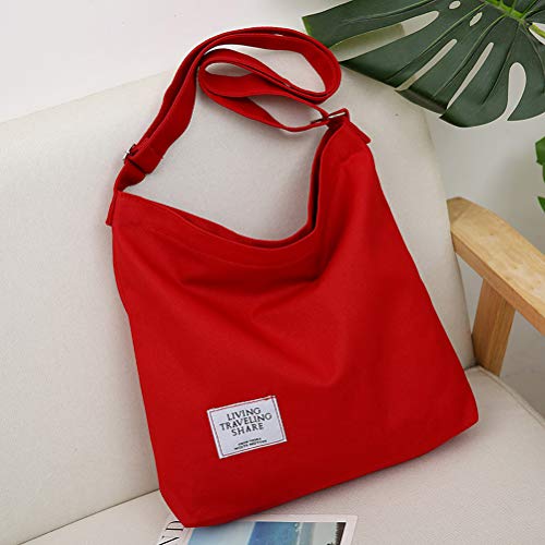 Covelin Women's Retro Large Size Canvas Shoulder Bag Hobo Crossbody Handbag Casual Tote - color: Red