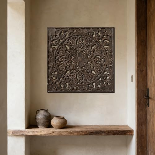XIAOAIKA Boho Carved Wood Wall Art Panel, Floral Mandala, Distressed Brown - color: Distressed Brown