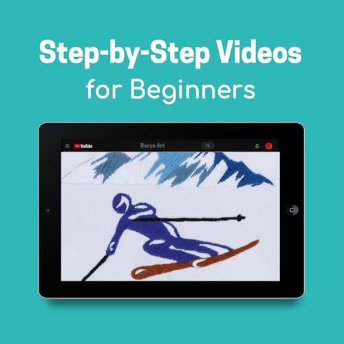 Embroidery Kit for Adult Beginners,Skiers Snow Mountain Embroidery Kit with Step-by-Step Instructions & Video,Printed Cloth,7.87" Hoop,Display Stand,Color Threads and Tools for Craft Lover(BES012) - color: Blue and brown skier