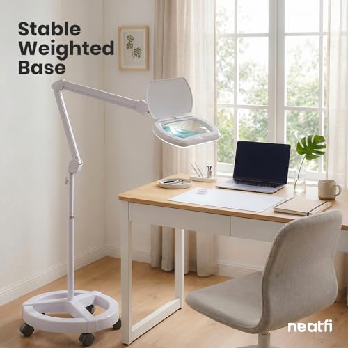 Neatfi LED Magnifying Floor Lamp | 1.75x + 4X (3D + 12D) Magnification | 12W Power | Dimmable 6500K Cool White | Adjustable Arm | Lamp for Reading, Crafts & Precision Work (White, 6.8 Inches) - color: White, size: 6.8 Inches