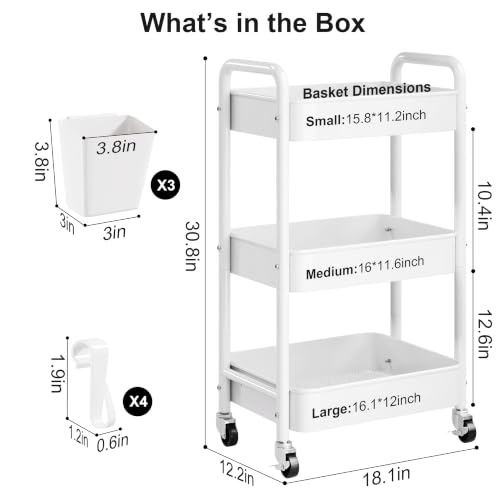 3 Tier Rolling Cart Metal with Wheels, White Three Tiered Carts on Wheels - color: Light White, size: 3 Tier + Cups + Hooks