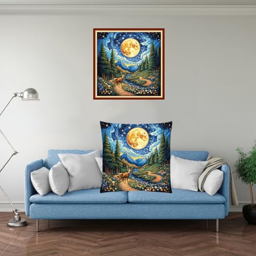 Fanxvivy Stamped Cross Stitch Kits for Adults Beginners Pillow Needlepoint Kit with Embroidery Pattern Needlework Kit Prestamped Stitches Kit 11CT Cross Stitching-Deer Under Starry Sky 18x18 inch - color: Pre-pattern 44