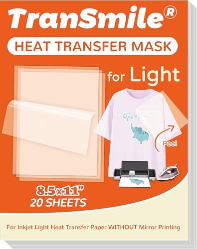 TranSmile Heat Transfer Mask for Inkjet Light Heat Transfer Paper (20 Sheets, 8.5"x11"), Clear Iron on Transfer Tape for Light Printable HTV - color: Light Mask, size: 20 Sheets