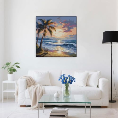 Beach Sunset Stamped Cross Stitch Kits - Tree Counted Cross Stitch Kits for Beginners Adults Needlepoint Cross-Stitch Patterns Dimensions Needlecrafts Embroidery Kits Arts and Crafts 13.7x13.7 Inches - color: D018
