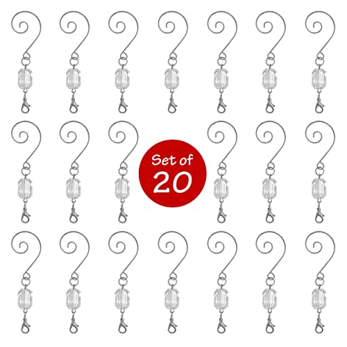 Clear Ornament Hooks Set of 20, Silver Swivel Wire Hangers with Acrylic Gem, 3 Inch Decorative Christmas Ornament Hangers for Tree Decorations, Holiday Display, Gift Tags, Keepsakes & Window Decor