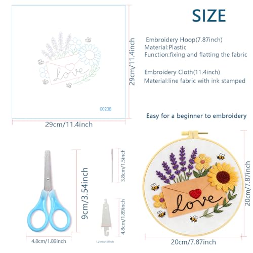 Zhenqing Love Envelope Embroidery Kit for Beginners, Pre-Printed 29x29cm Cotton Fabric with 20cm Hoop, Romantic Design with Sunflowers and Lavender (C0238)