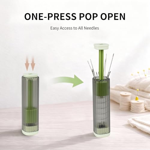 Pop-Up Needle Box Magnetic Needle Case, Sewing Needles Dispenser with 18Pcs Sewing Needles 3 Sizes and 2-in-1 Seam Ripper and Threader, Compact Sewing Kit Portable Basic DIY Home Repair - color: Green