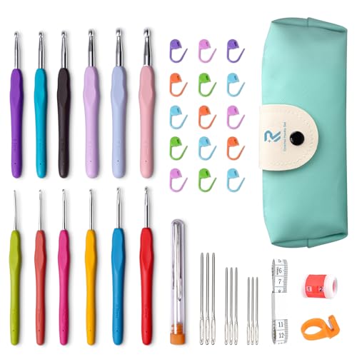 RealPlus Crochet Hooks, 12 Sizes Crochet Hook Set, Crochet Kit for Beginners, Knitting Needles with Ergonomic Handles for Arthritic Hands, Christmas Gifts for Women, Crochet Needles with Blue Case - color: Green