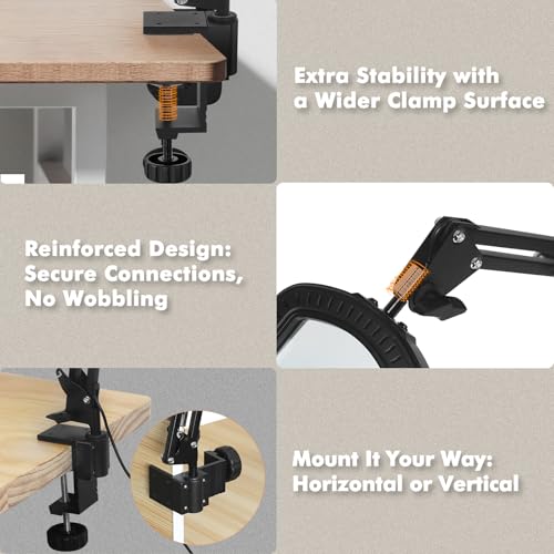 Magnifying Glass with Light Square Magnifier Desk Lamp 10X Close Up Work for Desktop Bench Crafting, Reading, Sewing, Ultra Long Swing Arm 3-Section, 5 Color Modes Design Rectangle Head Controller