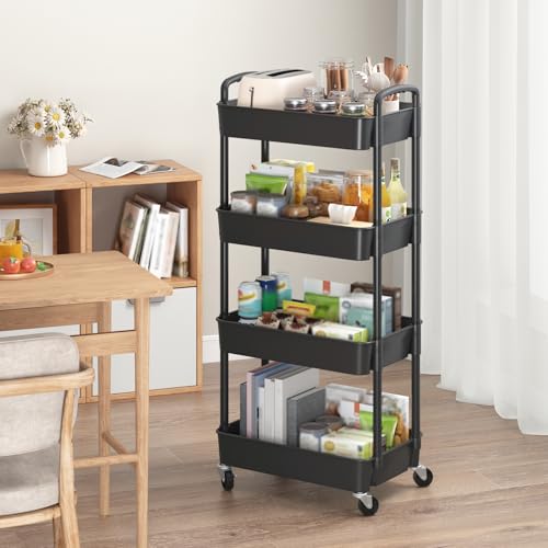 Sywhitta 4-Tier Plastic Rolling Utility Cart with Handle, Multi-Functional Storage Trolley for Office, Living Room, Kitchen, Movable Storage Organizer with Wheels, Black (Pack of 2) - color: Black, size: 4-tier (Pack of 2)