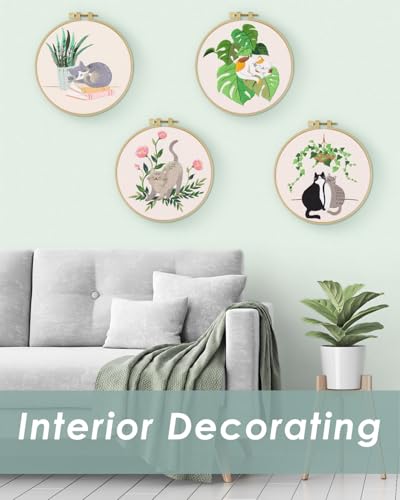 ERKOON 4 Sets Embroidery Kit for Beginners,Hummingbird and Flower Cross Stitch Set for Include Embroidery Cloth Hoops Threads for Craft Lover Hand Stitch (Cat) - color: Cat