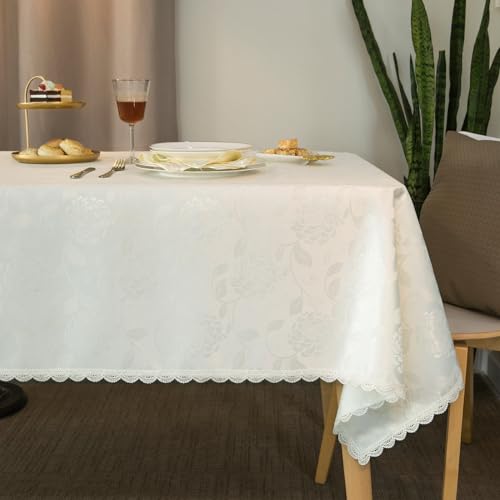 GLORY SEASON Rose Jacquard Textured Tablecloth Waterproof Spillproof Lace Trim Rectangle Table Cloth,Oblong Table Cover for Kitchen Dinning Tabletop Decor,60x120 Inch,Ivory White - size: 120" x 60" (Rectangular)