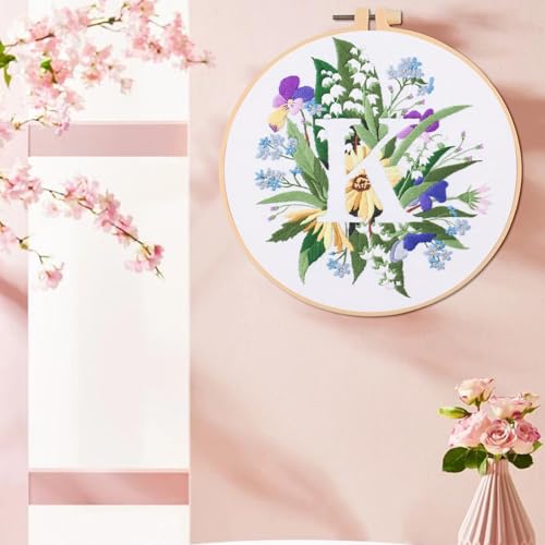 IUHUI Embroidery Kit for Beginners Adults - 26 Floral Letters Easy Patterns, DIY Hand Stitching Embroidery Set with Hoop (Flower and Grass Letter K) - color: Flower and Grass Letter K