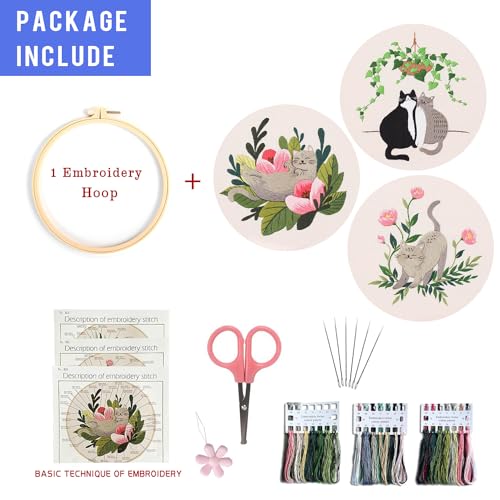 LB Funny Cat Embroidery Kit for Beginners Adults, 3 Sets Hand Embroidery Starter Kit with Floral Pattern and Instructions Stamped Cross Stitch Kits Include Embroidery Hoop Needles Threads Scissors - color: Grey