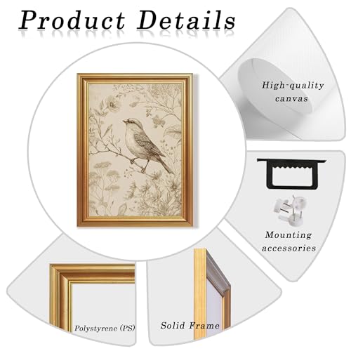 Wojuin Antique Style Sparrow Floral Etching Framed Canvas Wall Art 16x24 in - color: Sparrow, size: 24"L x 16"W