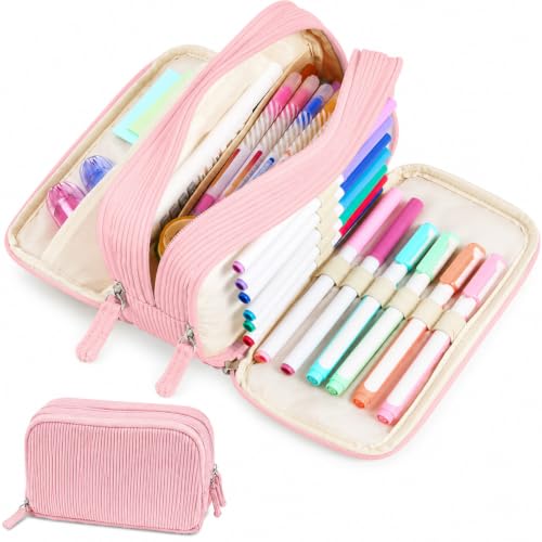 Sooez Big Capacity Pencil Case Pen Pouch, Soft Corduroy Pencil Bag - color: Pink
