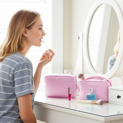 Sanwuta 3 Pcs Seersucker Makeup Bags, Light Pink - color: Light Pink